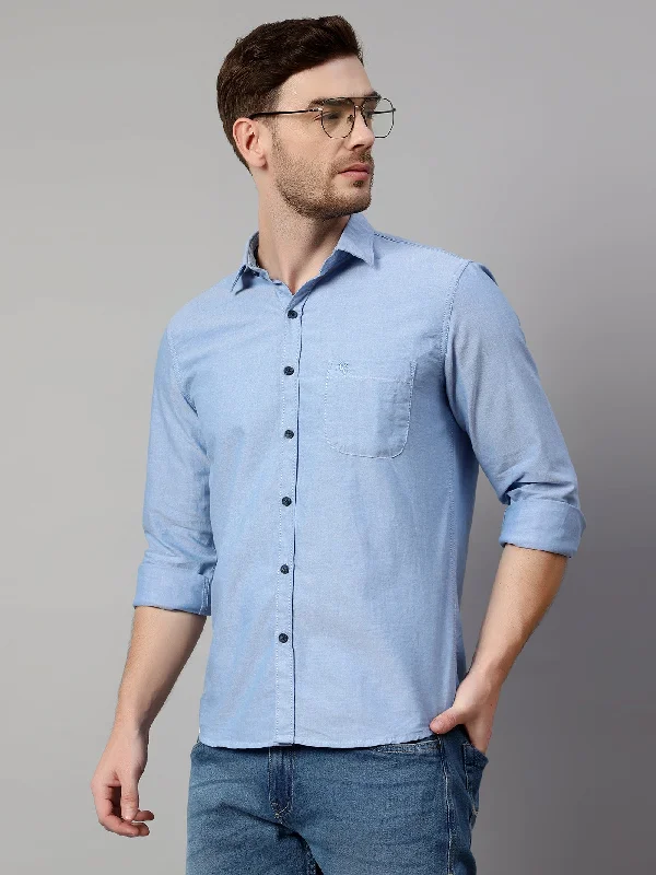 men's stylish slim-fit shirts -Men's Blue Casual Plain Full Sleeve Shirt