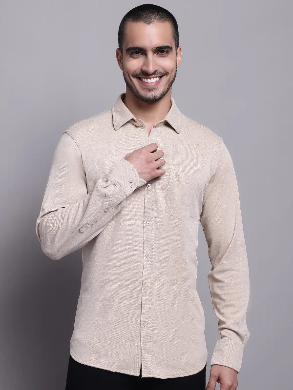 men's long-sleeve shirts -Men's Beige Casual Knit Self Textured Full Sleeve Shirt