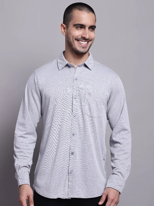 men's breathable dress shirts -Men's Grey Casual Knit Self Textured Full Sleeve Shirt