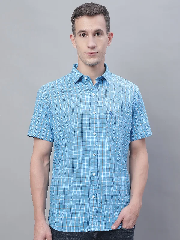 men's office shirts -Men's Blue Casual Medium Checks Half Sleeve Shirt