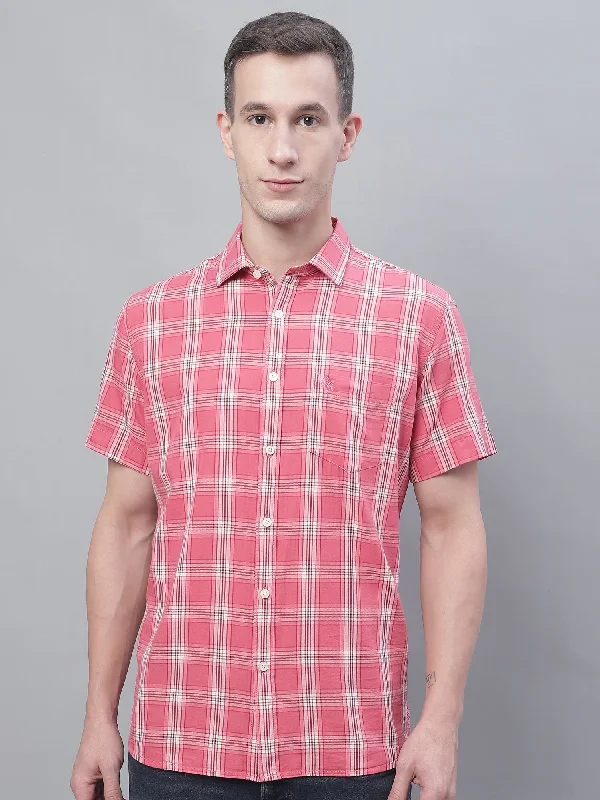 men's cool printed shirts -Men's Pink Casual Big Checks Half Sleeve Shirt