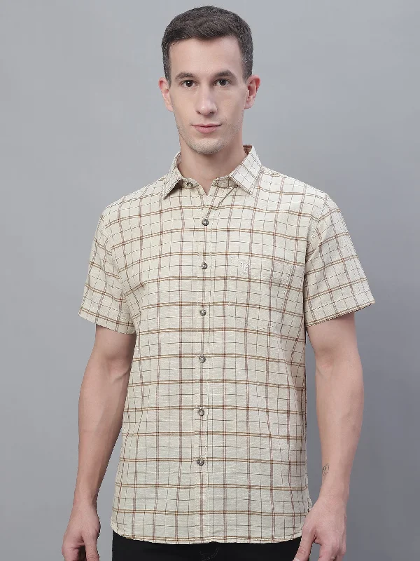 men's daily wear shirts -Men's Beige Casual Big Checks Half Sleeve Shirt