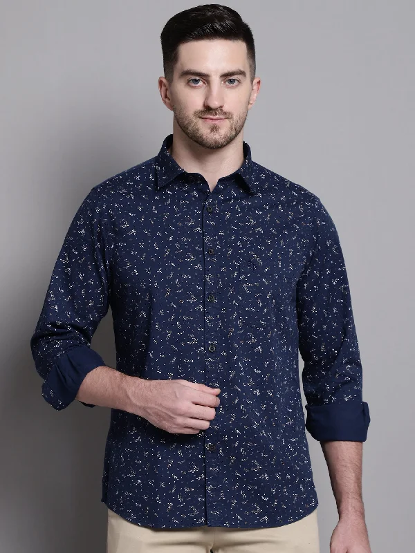 men's dress shirts for work -Men's Navy Blue Casual Floral Print Full Sleeve Shirt