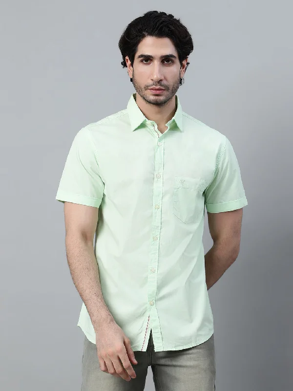 men's affordable dress shirts -Men's Light Green Casual Plain Half Sleeve Shirt