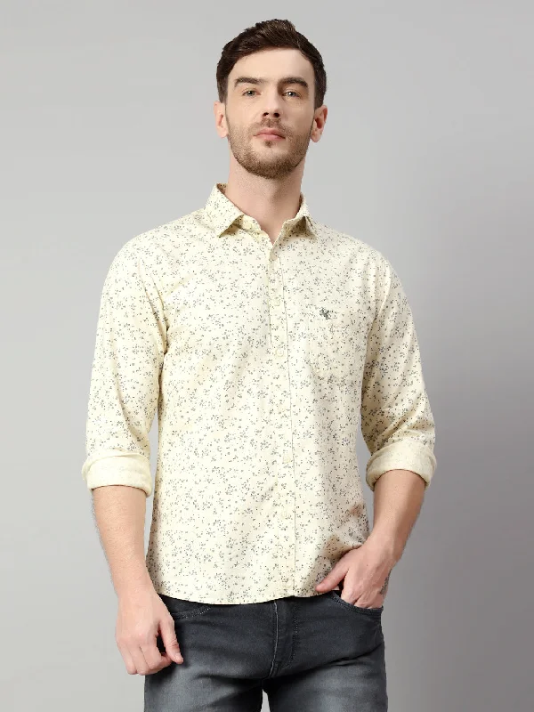 men's patterned button-down shirts -Men's Ecru Casual Floral Print Full Sleeve Shirt