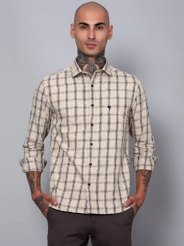 men's dress shirts -Men's Fawn Casual Medium Checks Full Sleeve Shirt