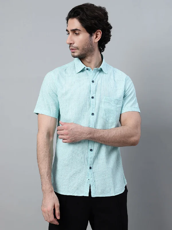 men's short-sleeve shirts -Men's Mint Green Casual Thin Stripe Half Sleeve Shirt