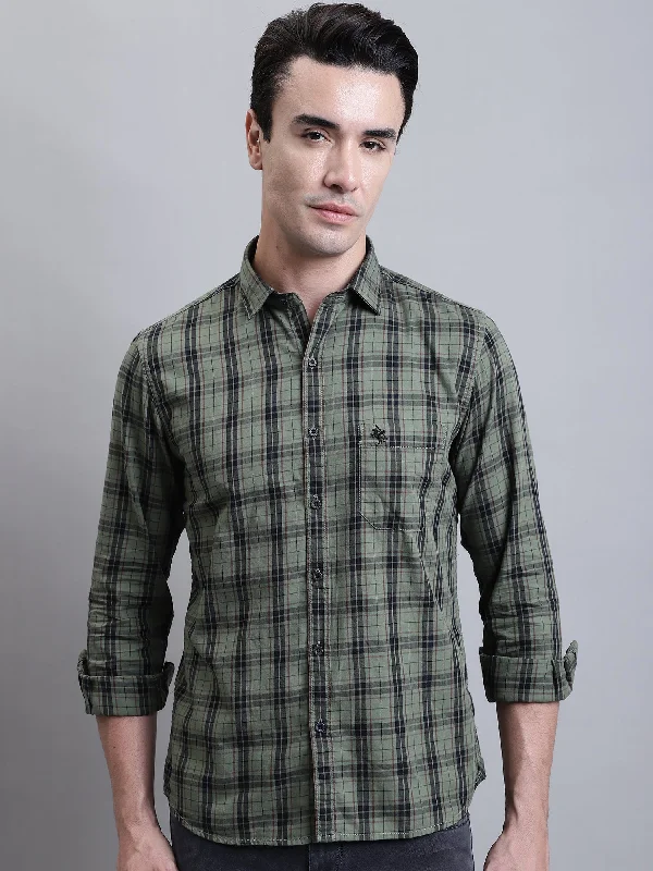 men's stylish long-sleeve shirts -Men's Military Green Casual Medium Checks Full Sleeve Shirt