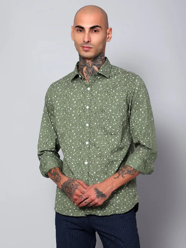 men's luxury shirts -Men's Light Green Casual Floral Ditsy Print Full Sleeve Shirt