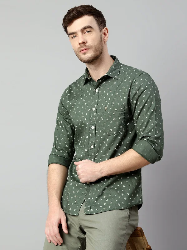 men's fashion-forward shirts -Men's Olive Green Casual Floral Print Full Sleeve Shirt