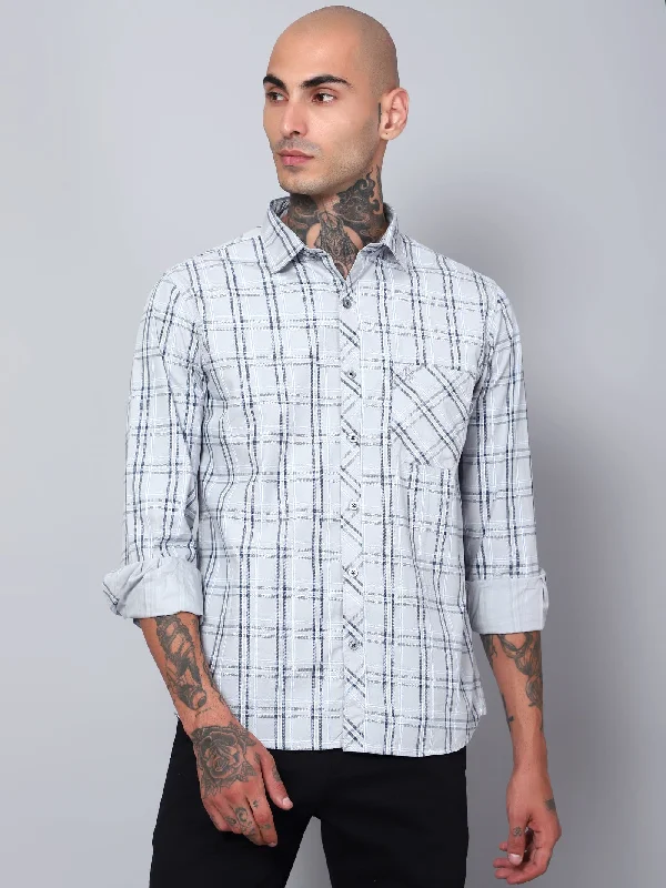 men's daily wear shirts -Men's Light Grey Casual Medium Checks Full Sleeve Shirt