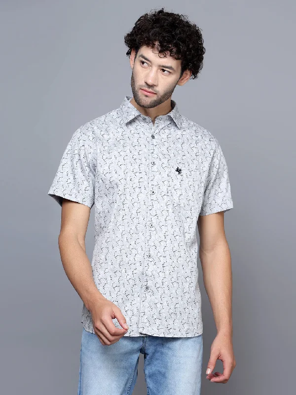 men's stylish office shirts -Men's Light Grey Casual Abstract Print Half Sleeve Shirt