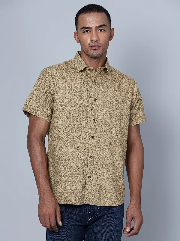 men's patterned shirts -Men's Khaki Casual Abstract Print Half Sleeve Shirt