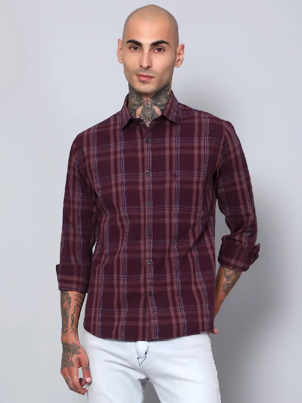 men's comfortable work shirts -Men's Maroon Casual Big Checks Full Sleeve Shirt