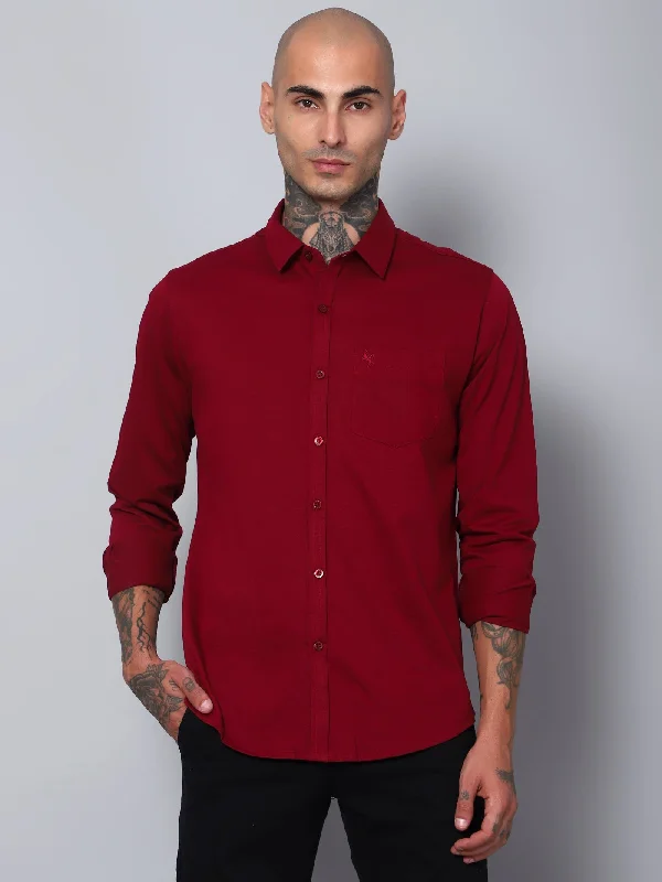 men's fitted button-up shirts -Men's Maroon Casual Knit Jersey Full Sleeve Shirt