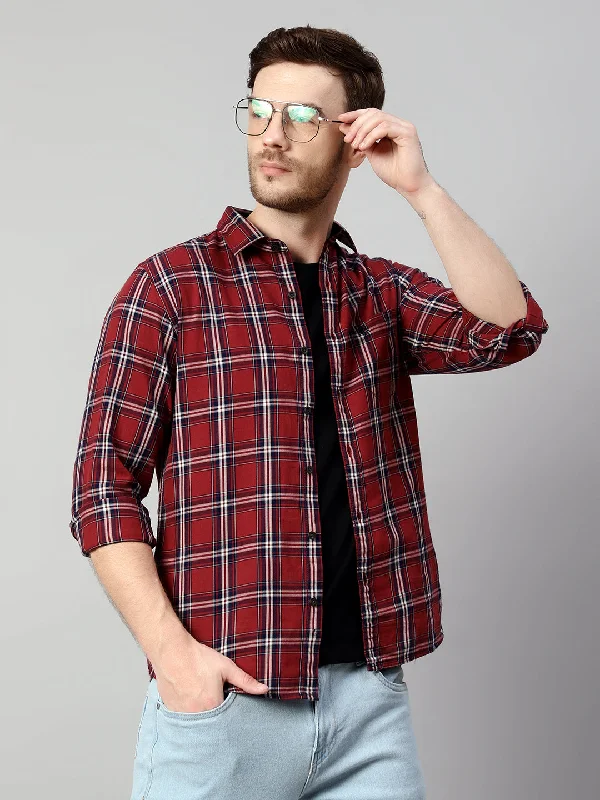 men's button-up shirts -Men's Maroon Casual Big Checks Full Sleeve Shirt