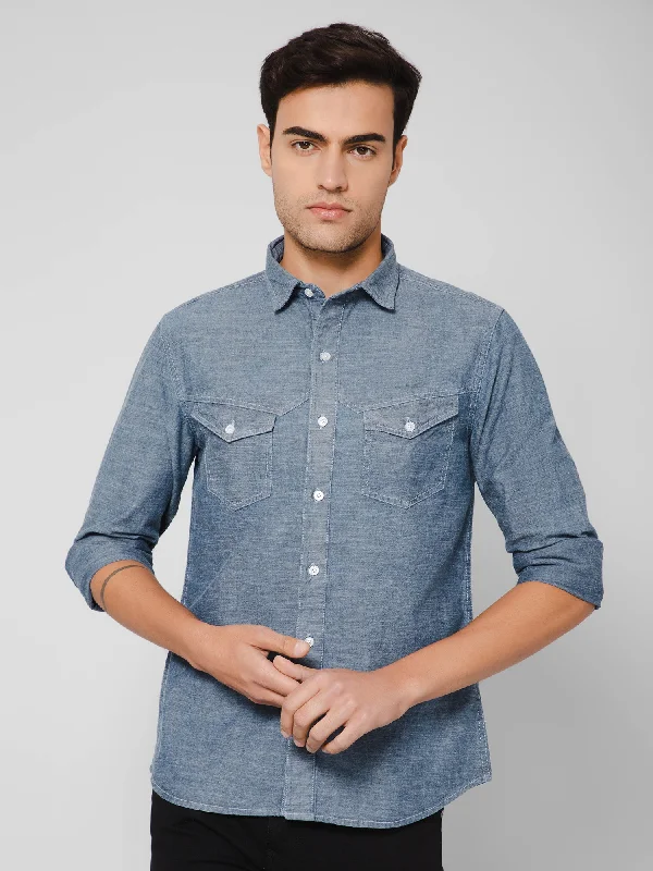 men's classic button-up shirts -Men's Indigo Blue Casual Denim Full Sleeve Shirt