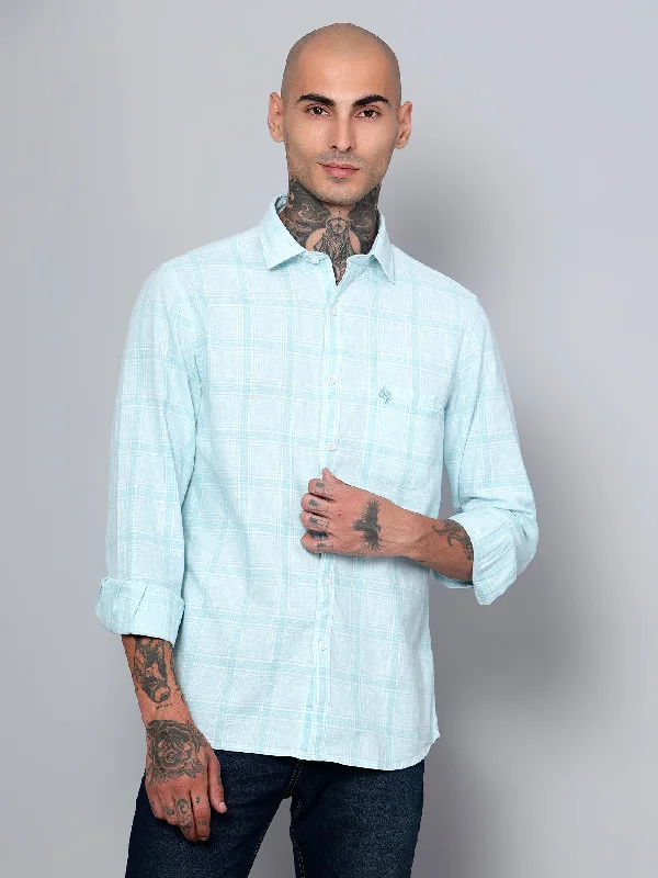 men's formal shirts for weddings -Men's Mint Blue Casual Big Checks Full Sleeve Shirt