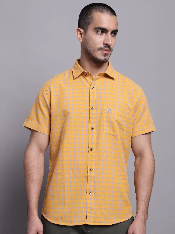 men's lightweight formal shirts -Men's Mustard Casual Medium Checks Half Sleeve Shirt