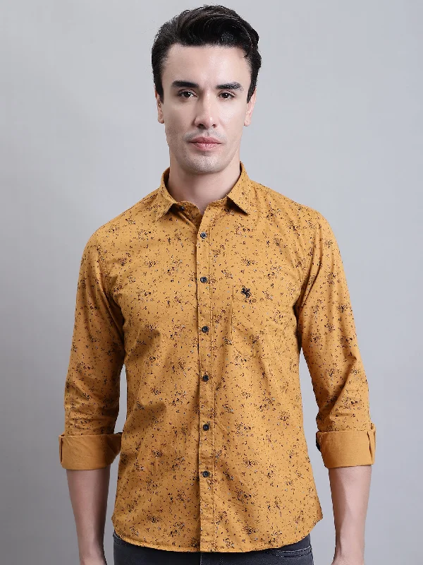 men's high-performance office shirts -Men's Mustard Casual Floral Ditsy Print Full Sleeve Shirt