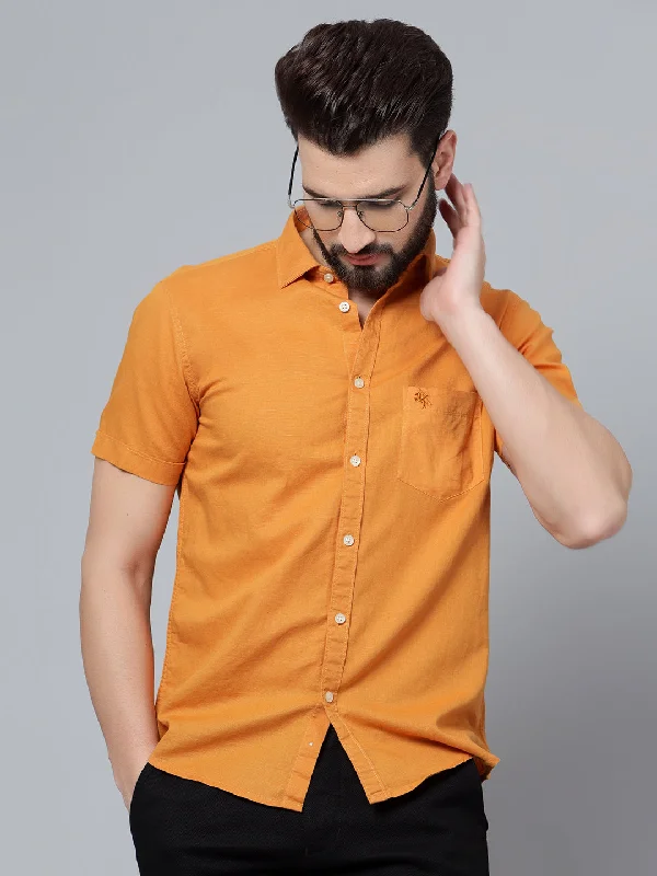 men's business casual shirts -Men's Mustard Casual Plain Half Sleeve Shirt