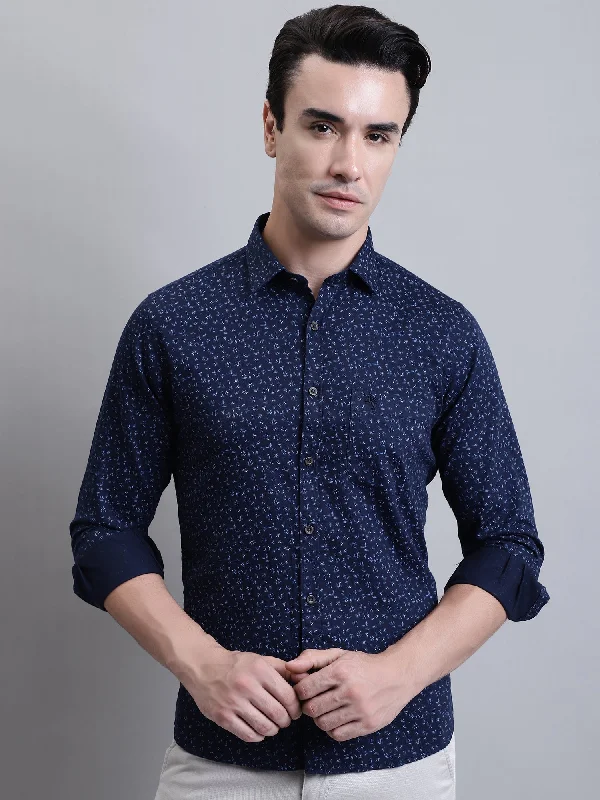 men's short-sleeve business shirts -Men's Navy Blue Casual Floral Ditsy Print Full Sleeve Shirt