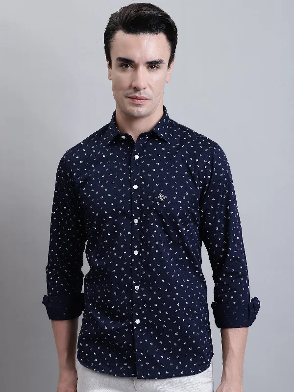 men's casual shirt styles -Men's Navy Blue Casual Floral Print Full Sleeve Shirt