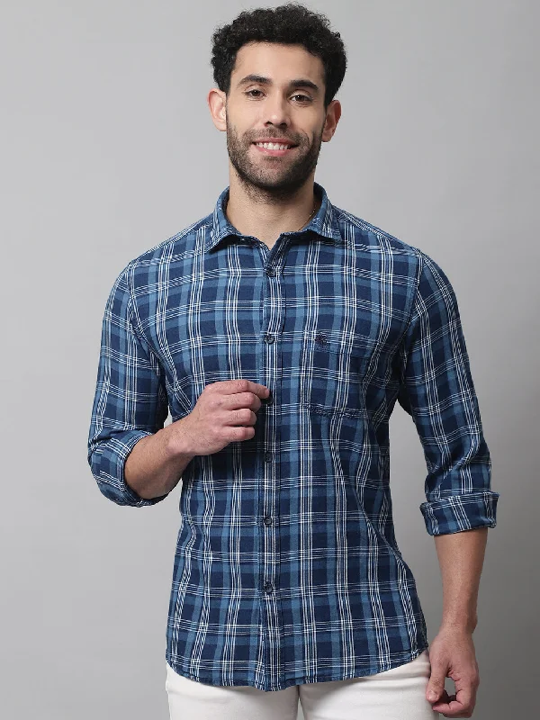 men's long-sleeve shirts for business -Men's Navy Blue Casual Big Checks Full Sleeve Shirt