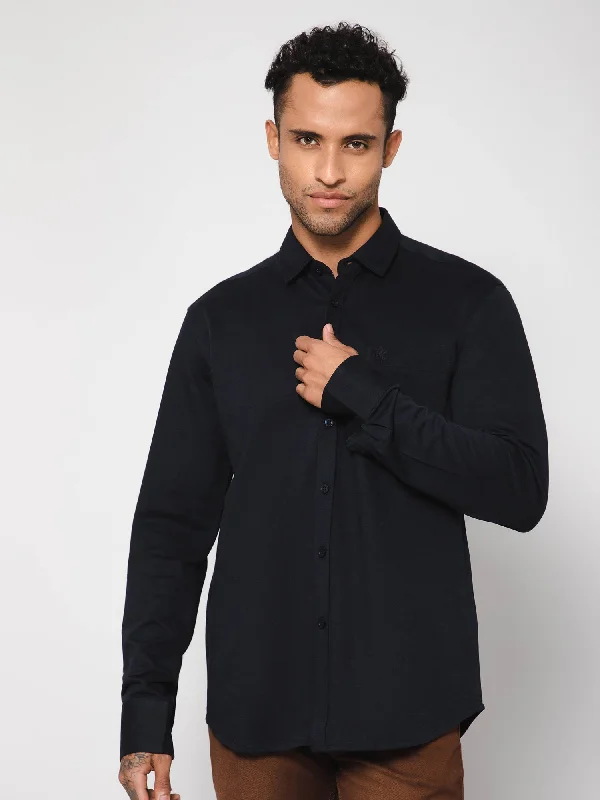 men's formal dress shirts -Men's Black Casual Knit Jersey Full Sleeve Shirt