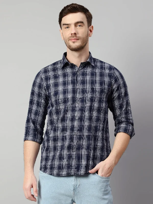 men's slim-fit shirts -Men's Navy Blue Casual Medium Checks Full Sleeve Shirt