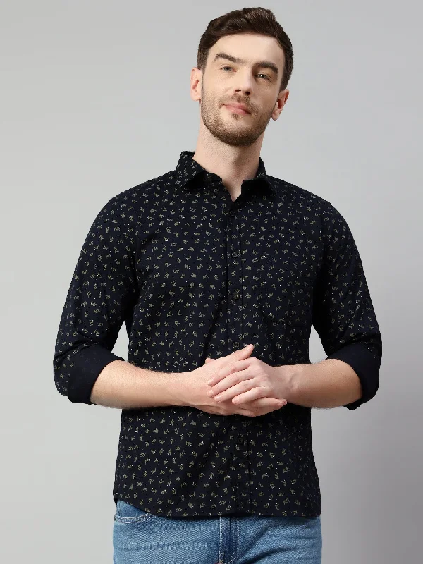 men's denim shirts -Men's Navy Blue Casual Ditsy print Full Sleeve Shirt