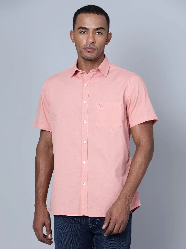 men's plaid shirts -Men's Pink Casual Plain Half Sleeve Shirt