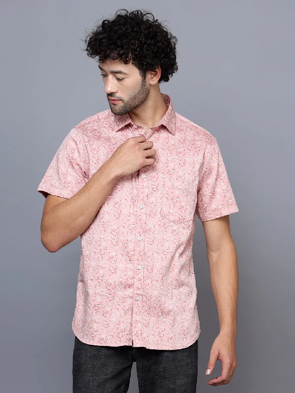 men's dress shirts with cuffs -Men's Pink Casual Floral Print Half Sleeve Shirt