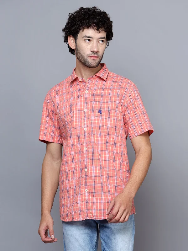 men's relaxed fit shirts -Men's Pink Casual Medium Checks Half Sleeve Shirt