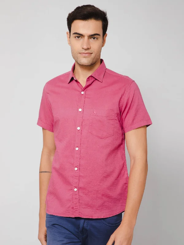 men's cool printed shirts -Men's Dark Pink Casual Plain Half Sleeve Shirt