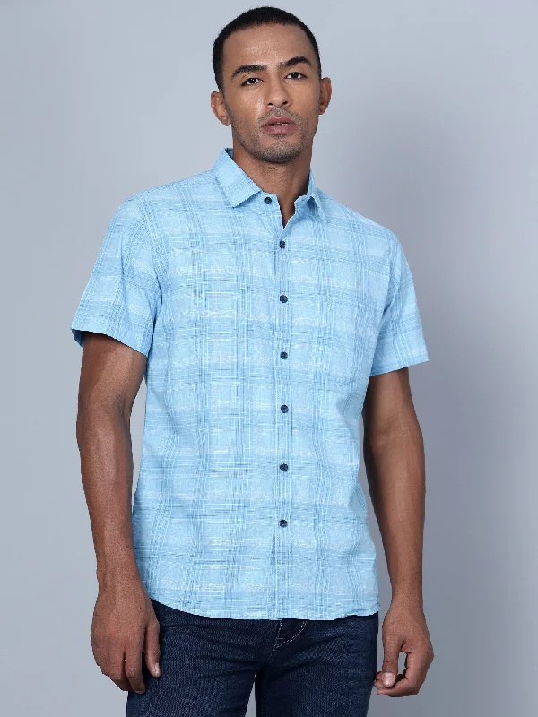 men's smart casual shirts -Men's Mint Blue Casual Medium Checks Half Sleeve Shirt