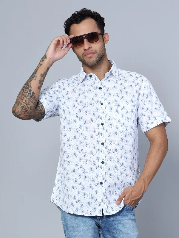 men's premium fabric shirts -Men's White Casual Floral Print Half Sleeve Shirt