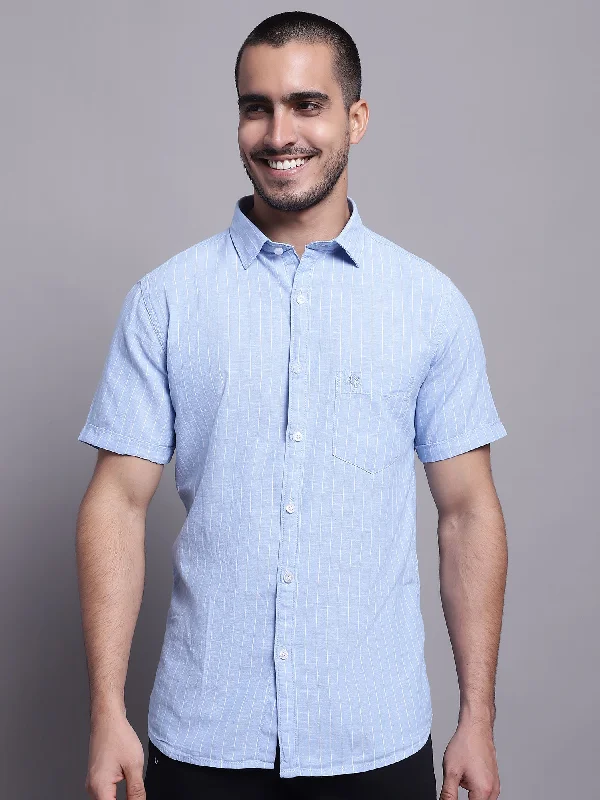 men's relaxed office shirts -Men's Light Blue Casual Thin Stripe Half Sleeve Shirt