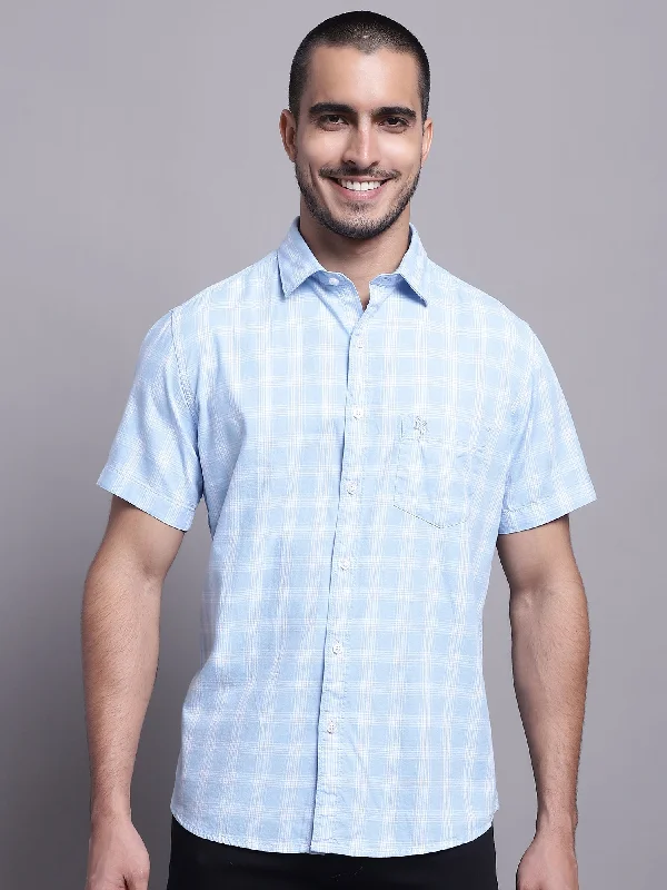 men's long-sleeve shirts for business -Men's Light Blue Casual Medium Checks Half Sleeve Shirt