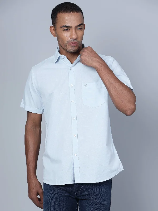 men's Oxford shirts -Men's Light Blue Casual Plain Half Sleeve Shirt