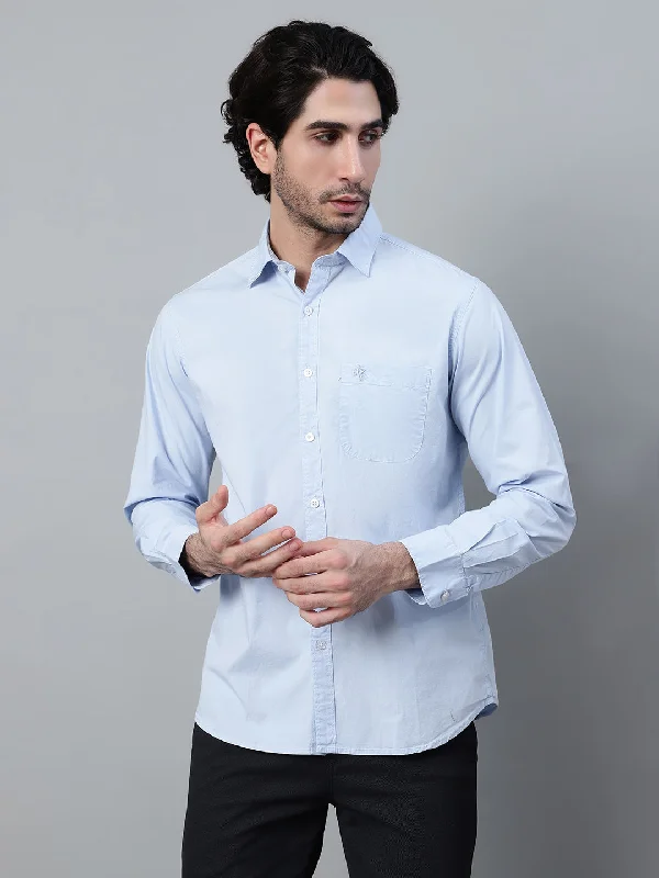 men's basic button-up shirts -Men's Light Blue Casual Plain Stretch Full Sleeve Shirt