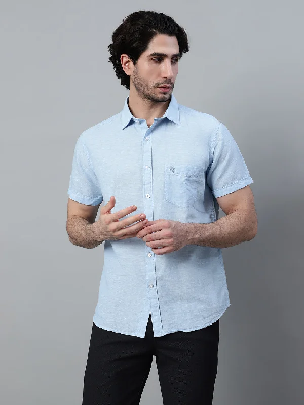 men's casual dress shirts -Men's Light Blue Casual Plain Half Sleeve Shirt