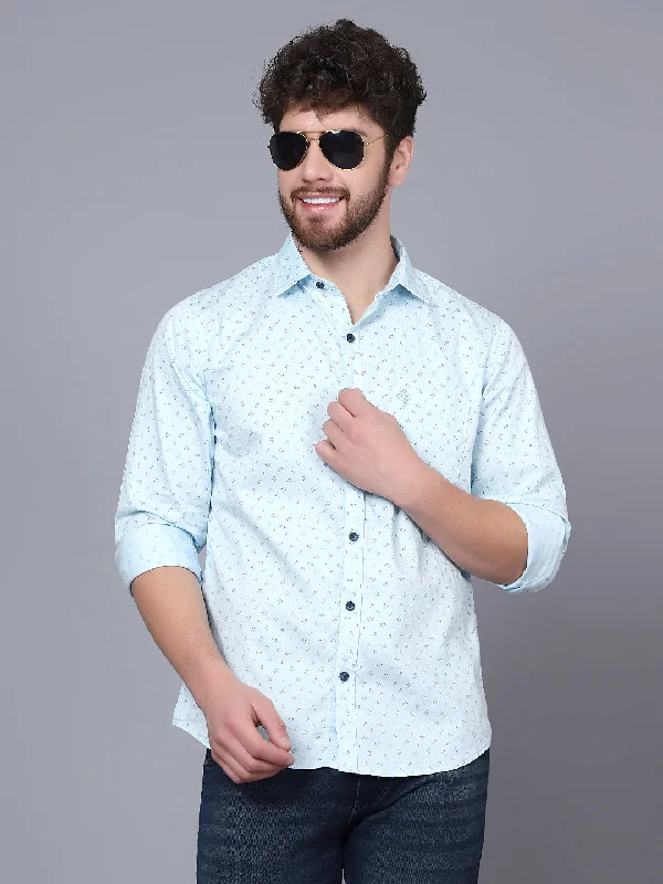 men's everyday business shirts -Men's Light Blue Casual Floral Print Full Sleeve Shirt