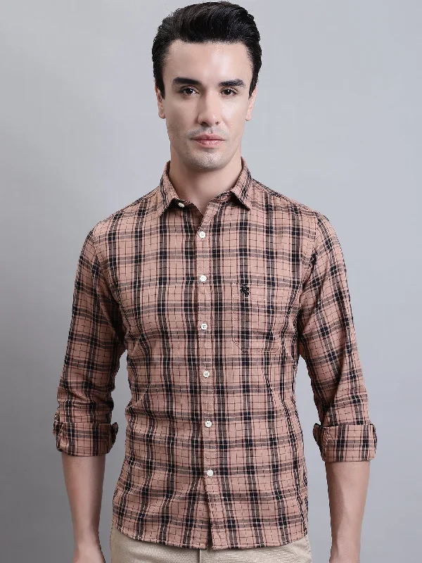 men's stylish short-sleeve shirts -Men's Light Brown Casual Medium Checks Full Sleeve Shirt