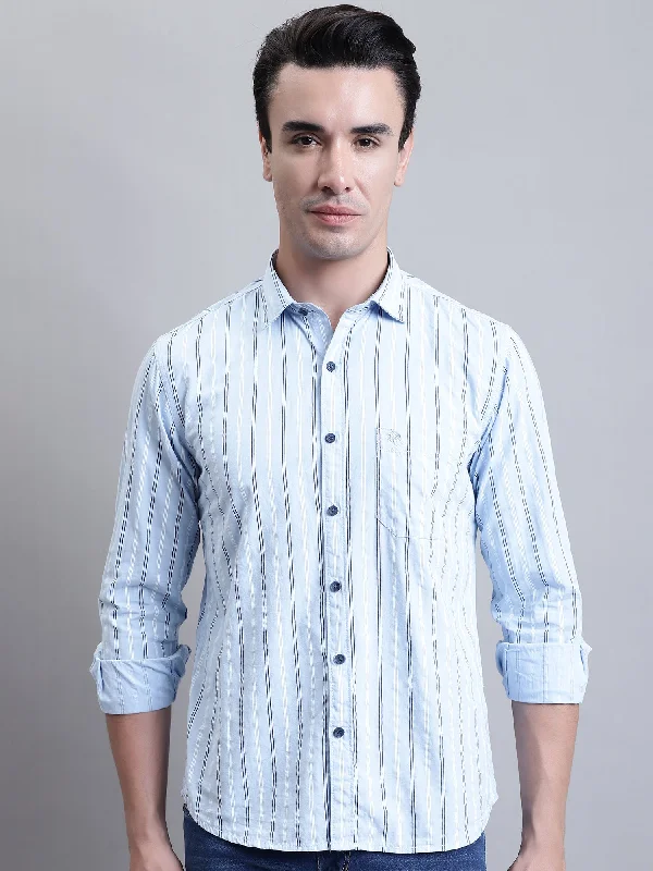 men's short-sleeve casual shirts -Men's Light Blue Casual Stripe Print Full Sleeve Shirt