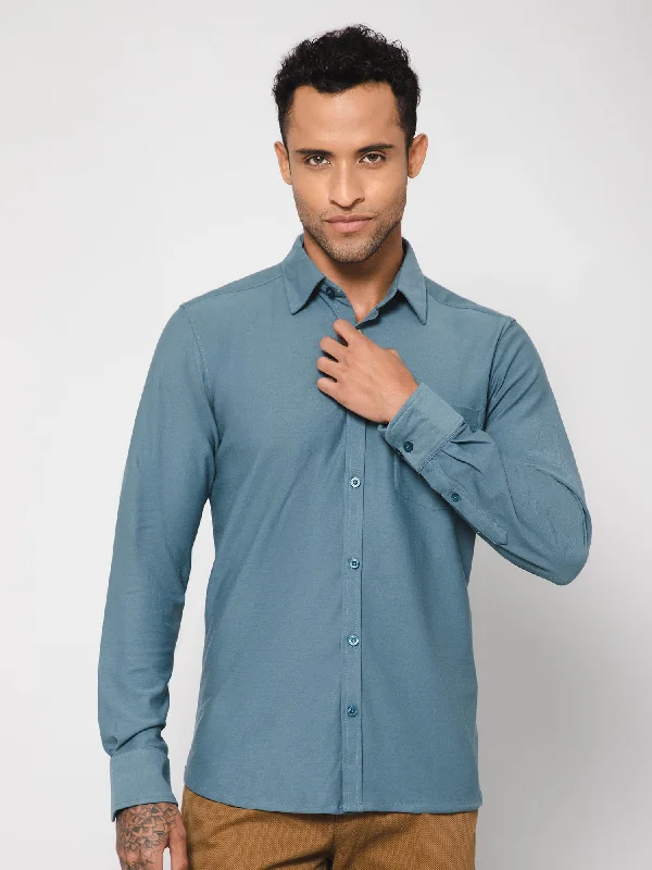 men's versatile button-up shirts -Men's Teal Blue Casual Knit Self Textured Full Sleeve Shirt