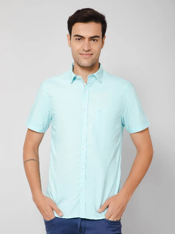 men's breathable shirts -Men's Turquoise Casual Plain Half Sleeve Shirt