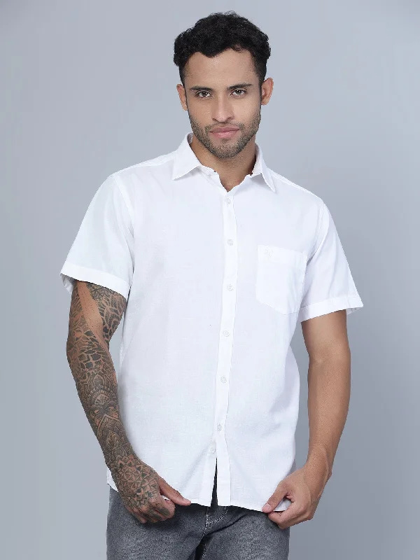 men's slim-fit formal shirts -Men's White Casual Plain Half Sleeve Shirt