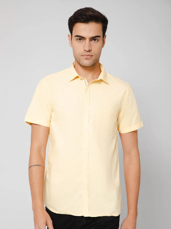 men's formal office shirts -Men's Light Yellow Casual Plain Half Sleeve Shirt