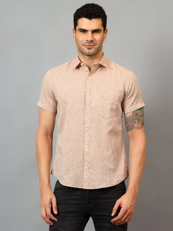 men's stylish slim-fit shirts -Men's Beige Casual Plain Half sleeve Shirt